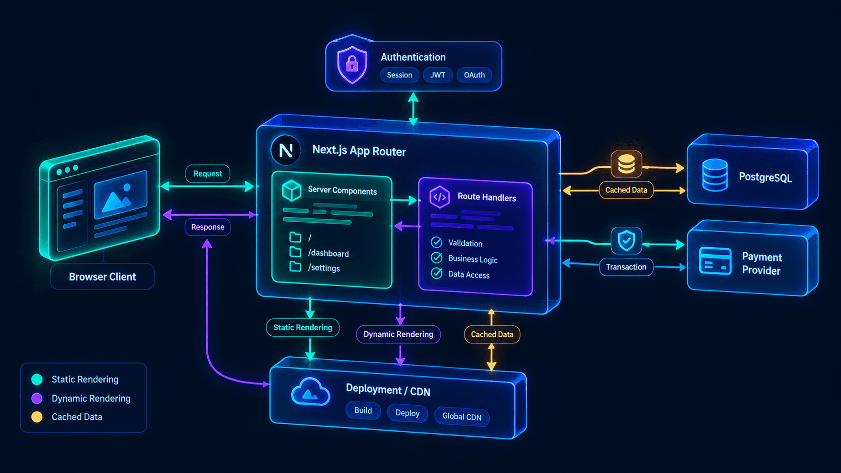 Next.js MVP architecture: browser requests entering the App Router, Server Components, Route Handlers, PostgreSQL, authentication, payments, and CDN caching