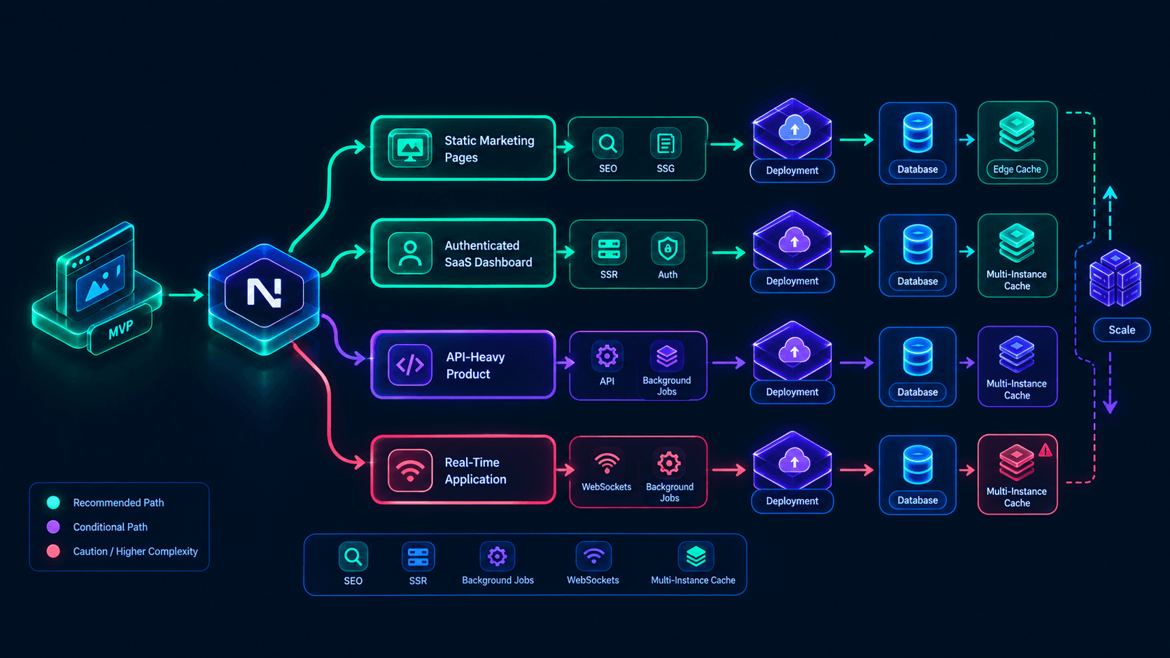 Next.js MVP decision matrix: choosing between static marketing pages, an authenticated SaaS dashboard, an API-heavy product, and a real-time application