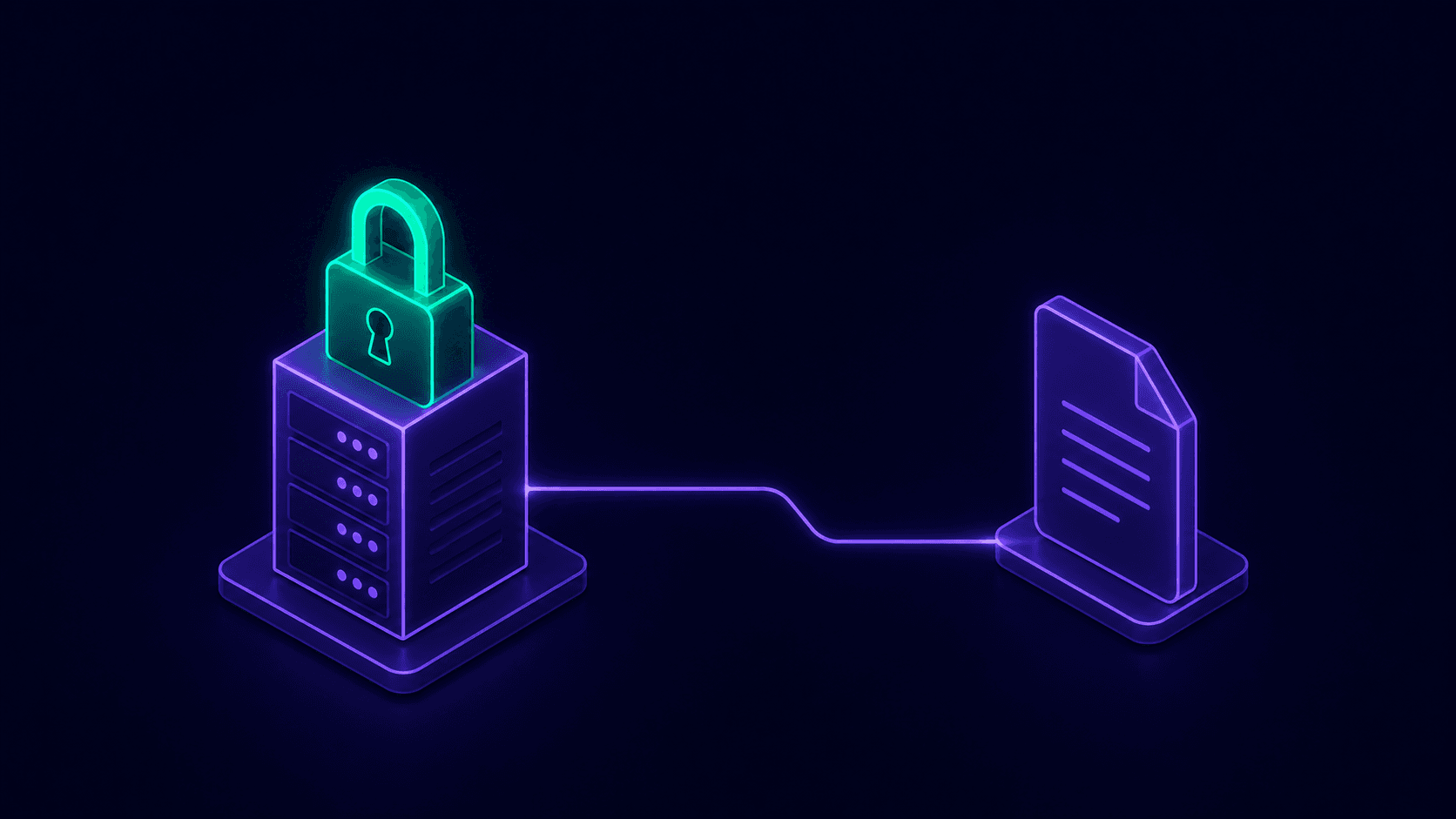 A padlock fused into a server rack with a single light path reaching an abstract document, representing encrypted PHI handling in an Express.js backend