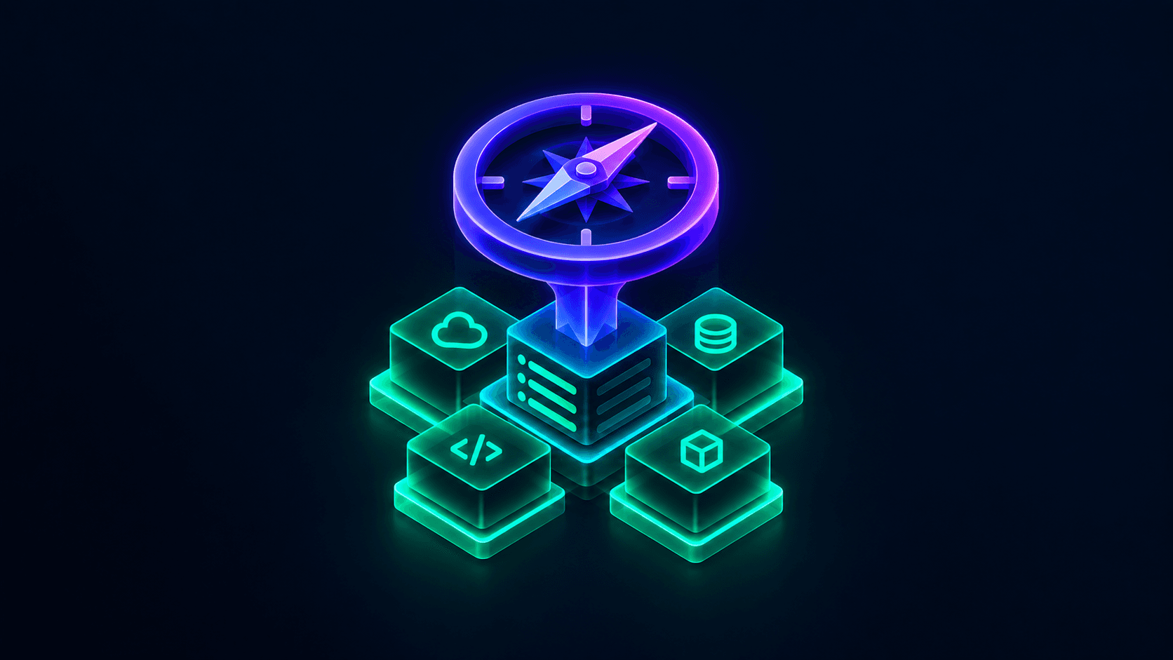 Isometric illustration of a compass shape guiding a cluster of building blocks, representing fractional technical leadership