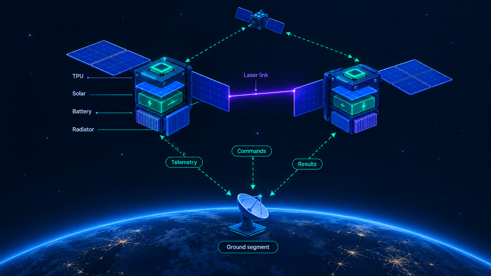 Google Project Suncatcher architecture showing TPU satellite nodes, solar arrays, radiators, laser links, and the ground segment