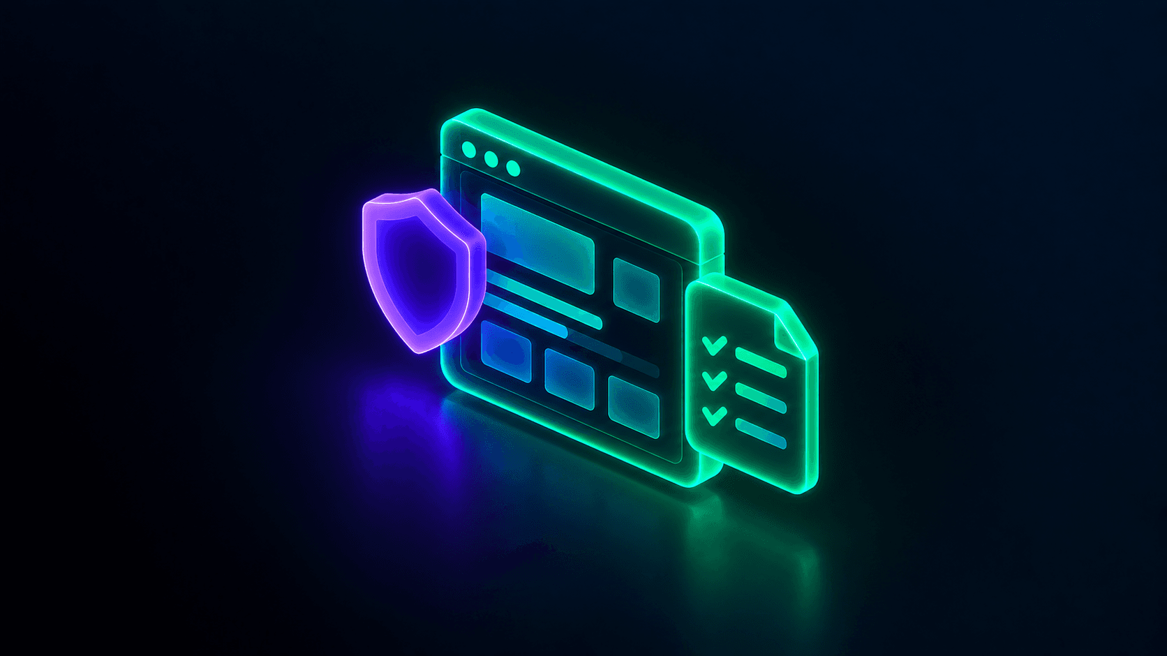 Isometric illustration of a software interface with a shield and checklist document overlapping it, representing data compliance for a SaaS MVP