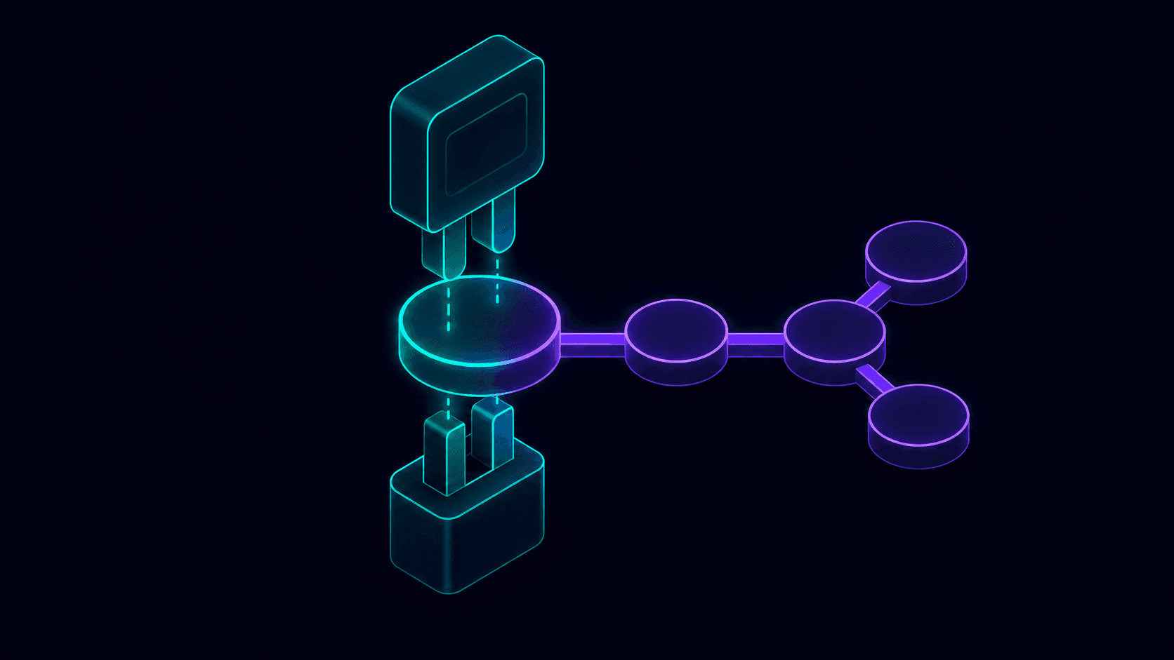 Isometric illustration of an agent-to-tool connector and an agent-to-agent connector fused at a shared hub