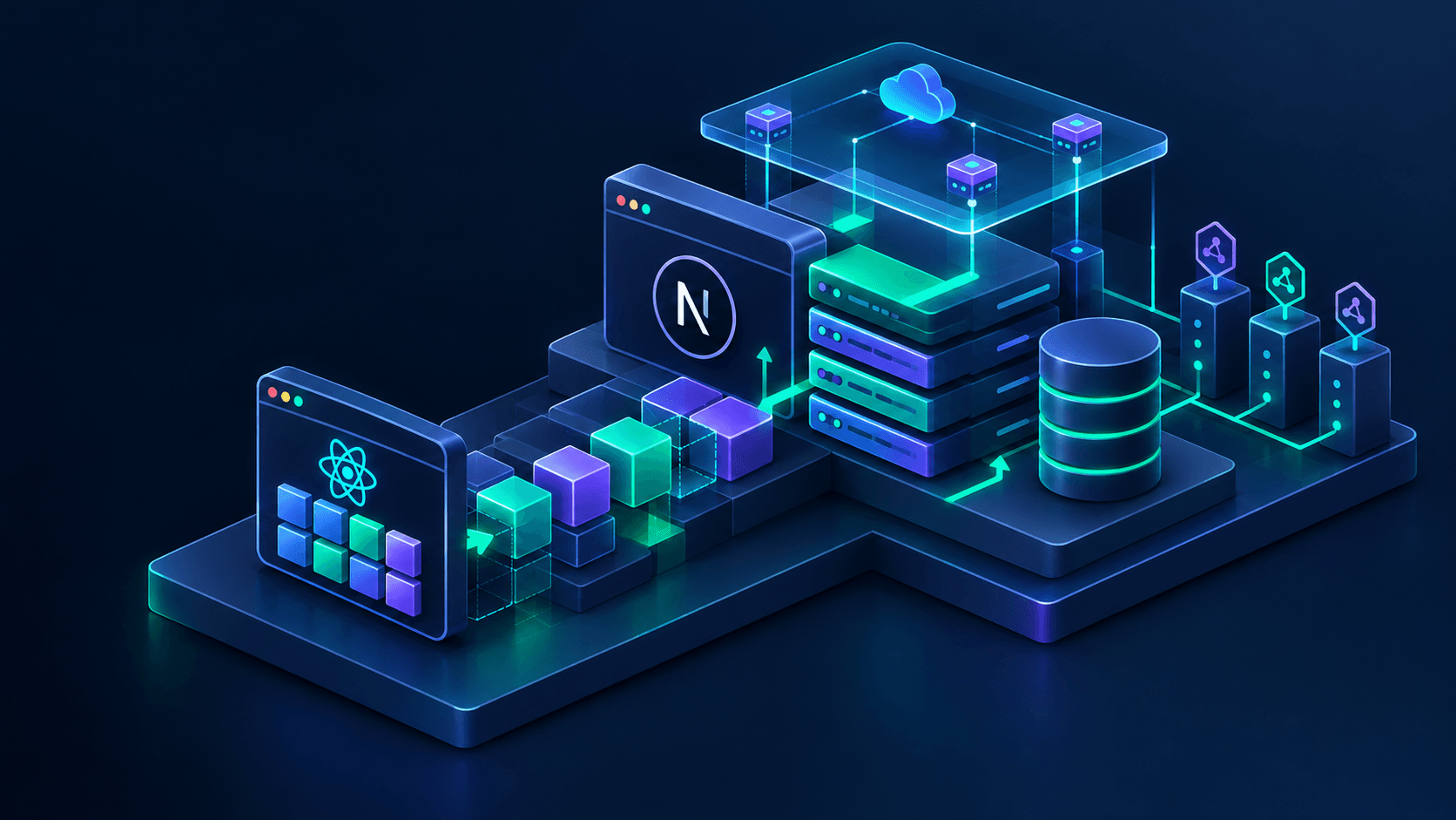 Isometric illustration of how to migrate React to Next.js incrementally, from a legacy React SPA to a Next.js App Router application