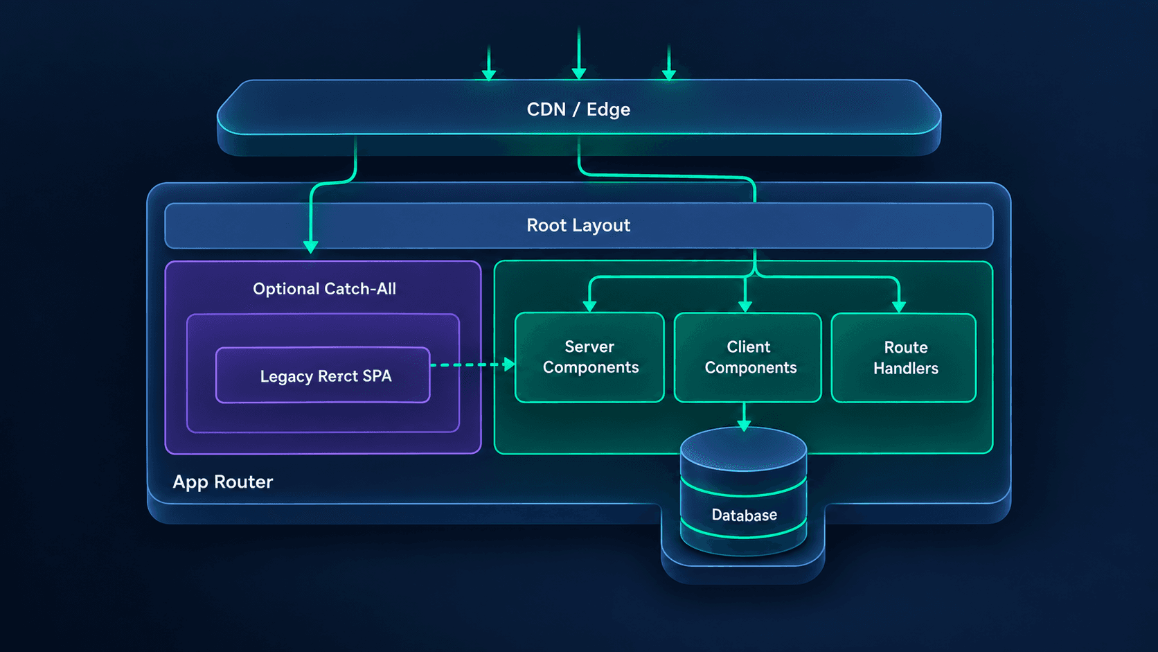 Architecture of an incremental migration to Next.js: a legacy React SPA inside an optional catch-all route while routes move into the App Router