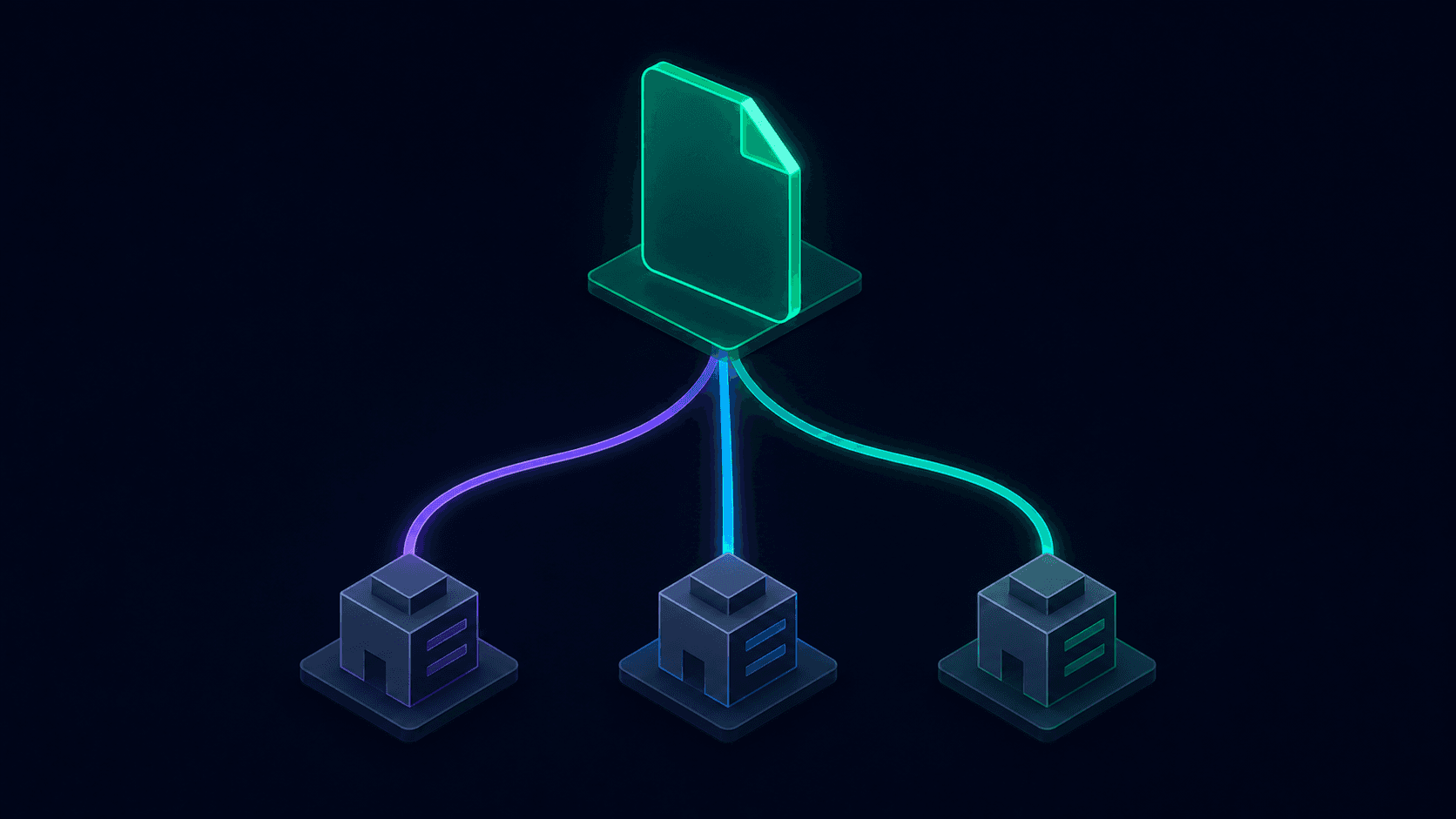 A central glowing document collection with three colored data streams flowing to three customer building icons, representing multi-tenant data isolation