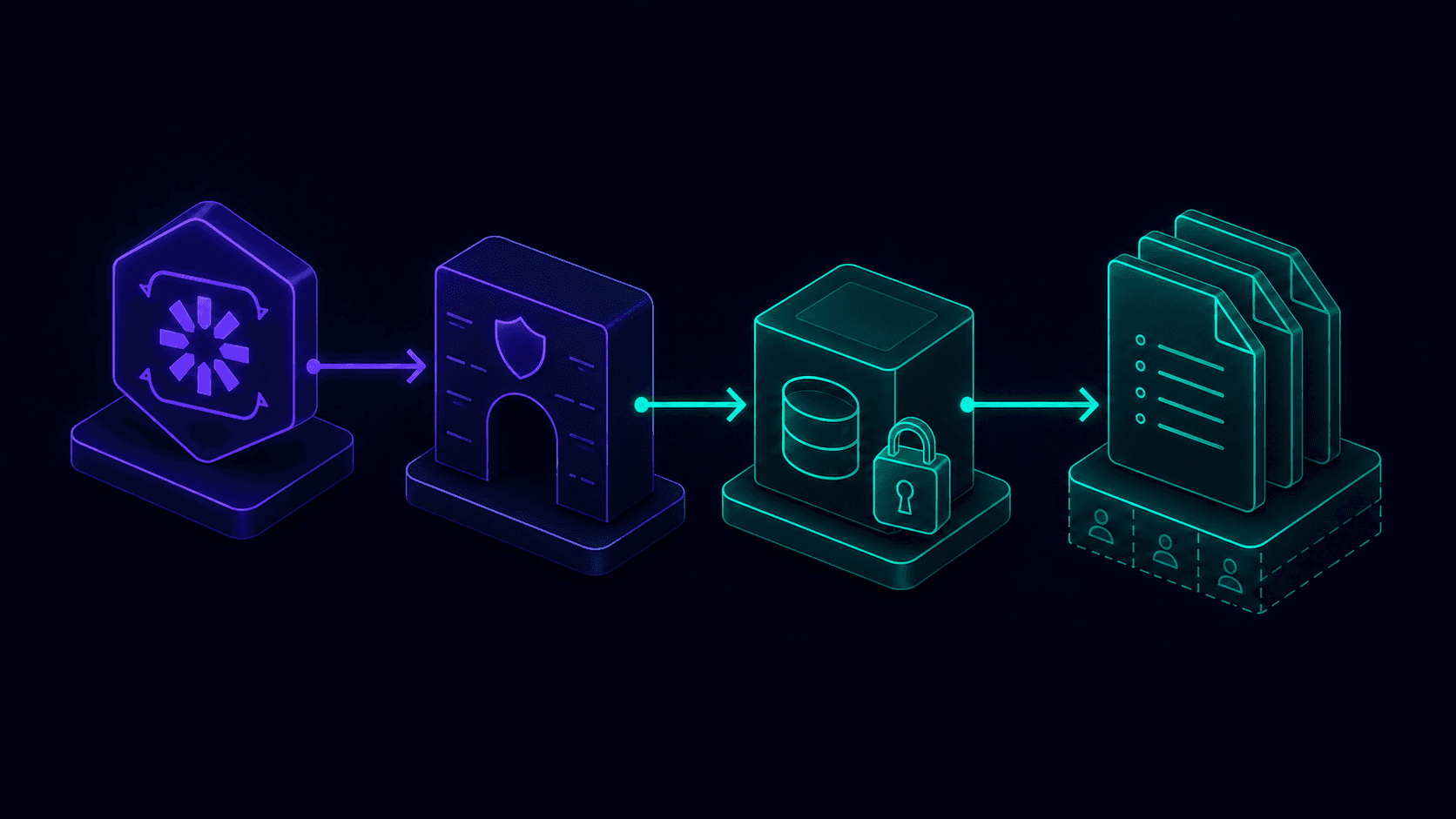 Request flow showing a JWT-derived tenant context enforcing scoping at the Prisma client layer