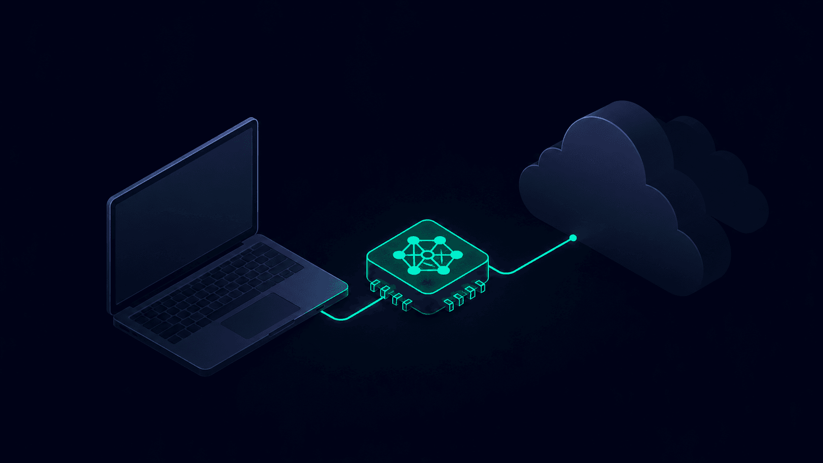 Isometric illustration of a laptop chip glowing with neural nodes next to a fading cloud icon