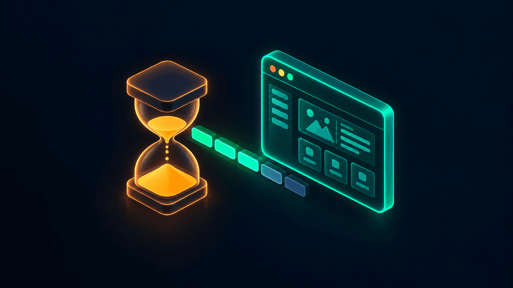 Isometric illustration of an hourglass overlapping a software interface, representing an MVP build timeline under deadline pressure