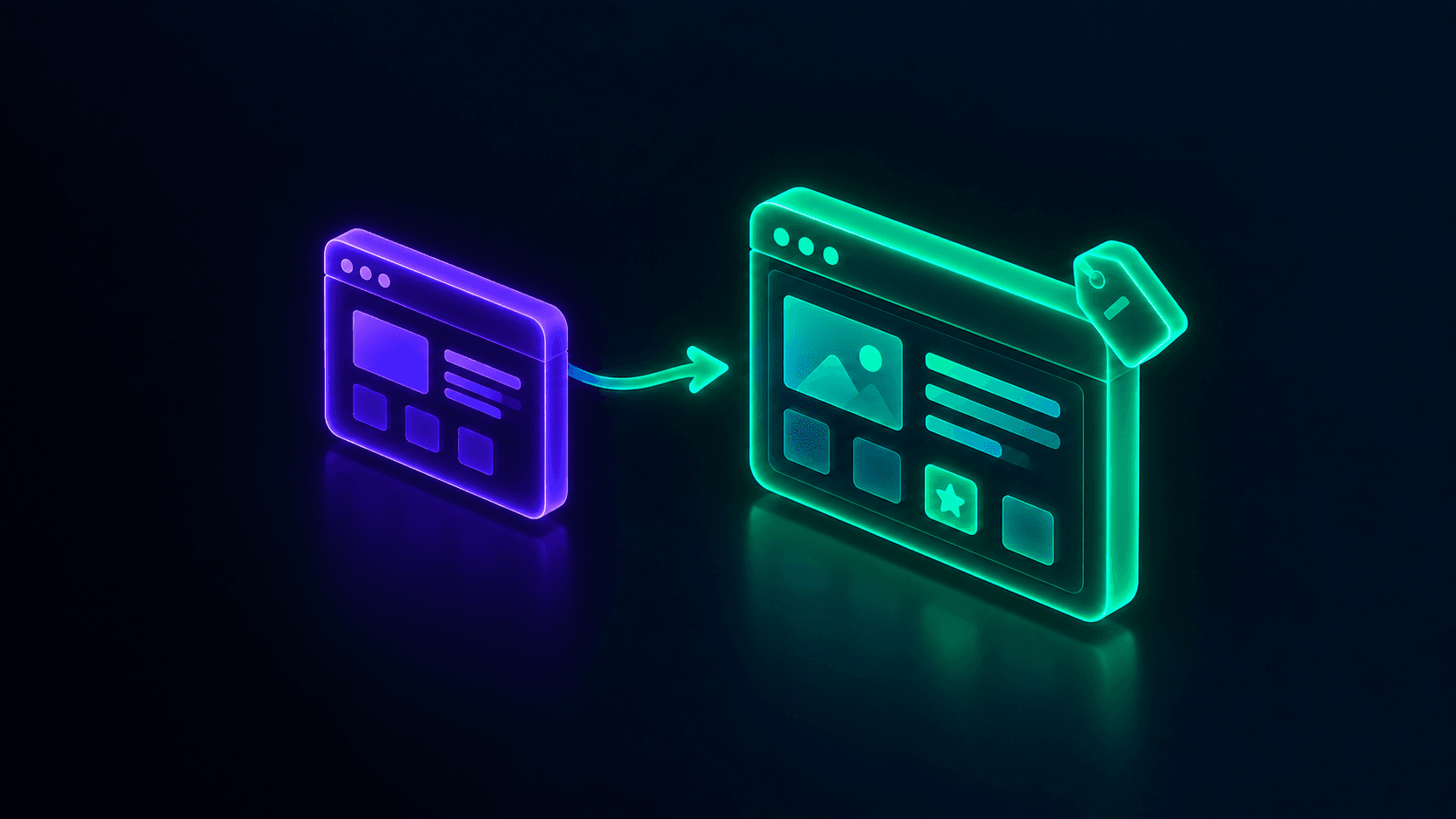 Isometric illustration of a plain software interface flowing into a more polished interface with a price tag, representing the difference between an MVP and an MMP