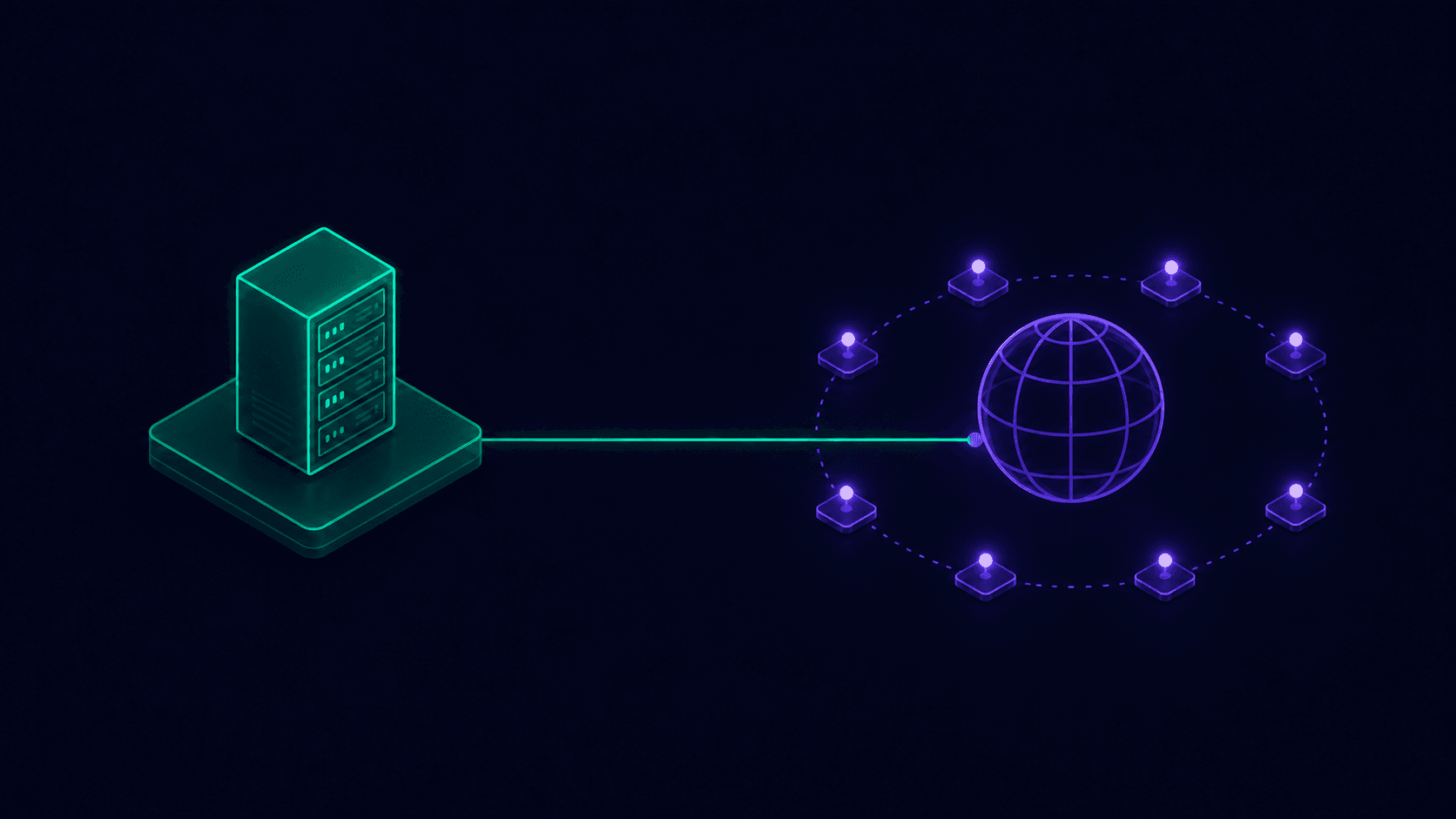 A server rack connected by one continuous light path to a ring of edge execution points around a globe, representing always-on Node.js versus distributed edge compute