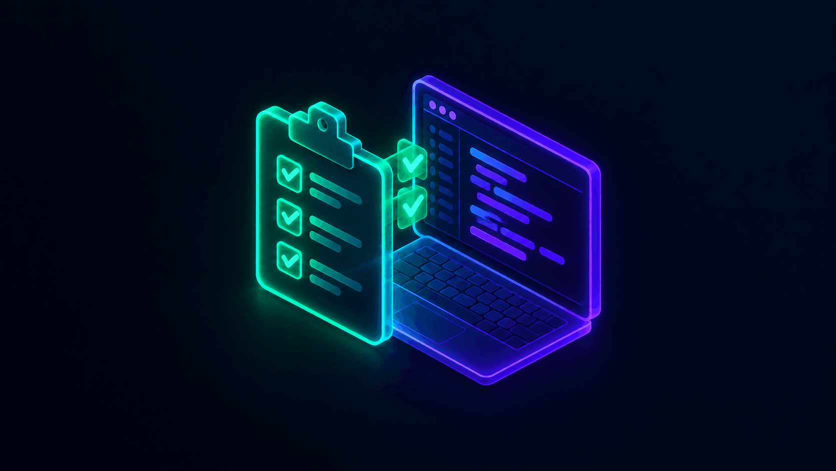 Isometric illustration of a checklist floating above a laptop screen, representing vetting a developer before hiring