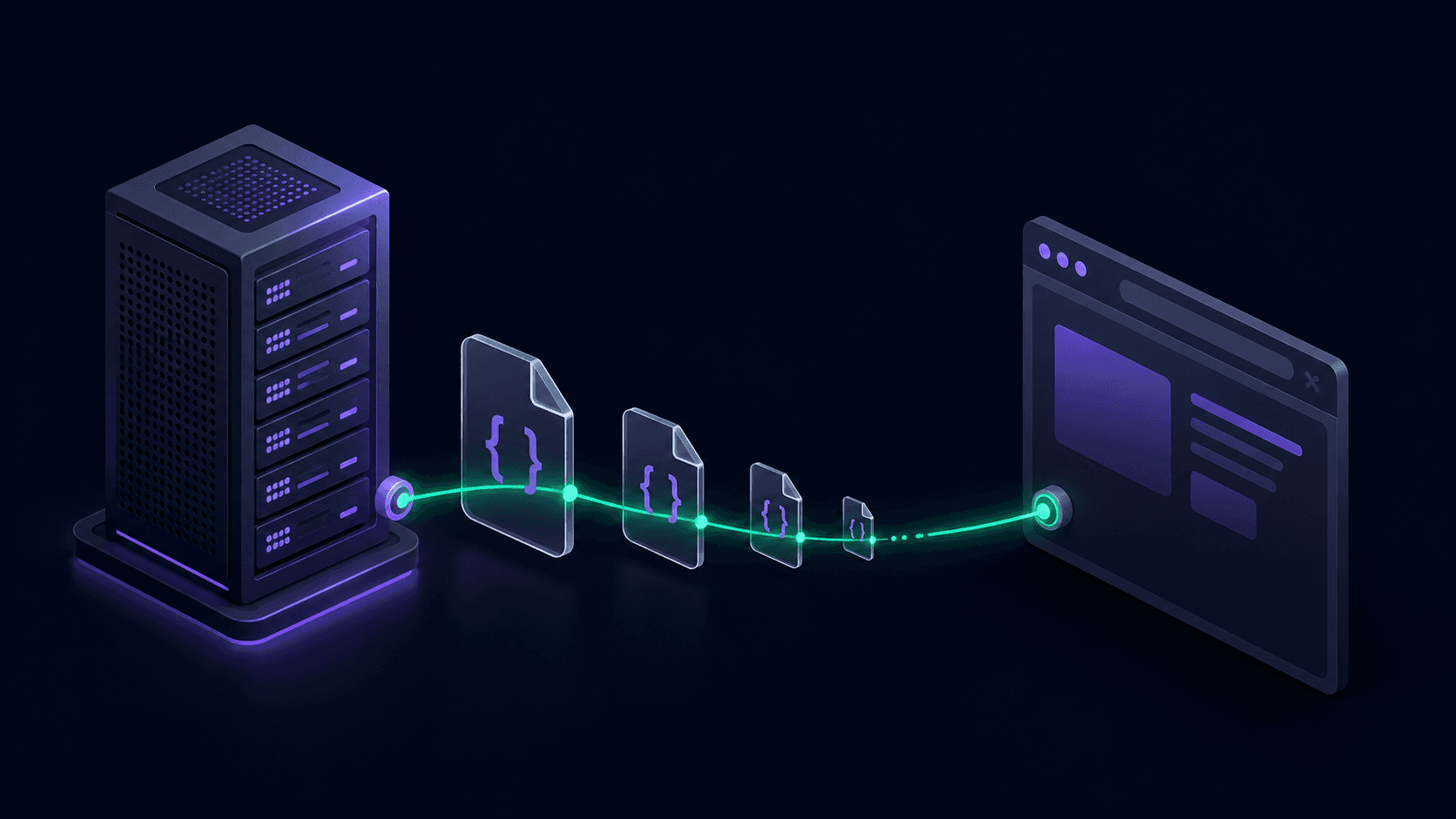 Isometric illustration of a server connected to a browser by a shrinking data pipeline, representing React Server Components