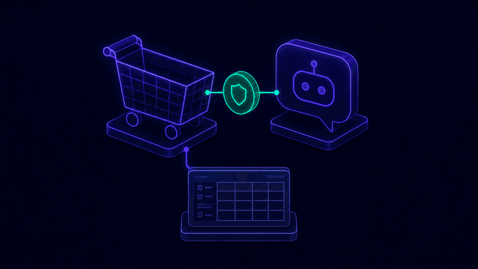 A shopping cart, AI chat bubble, and payment token connected to a product catalog feed