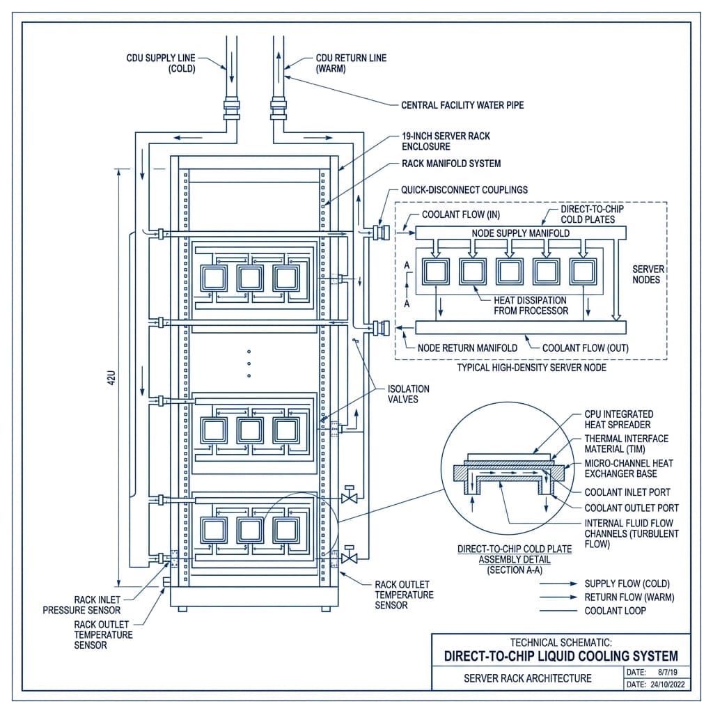 Schematic of high-density direct liquid cooling manifold in a server rack with PUE optimization