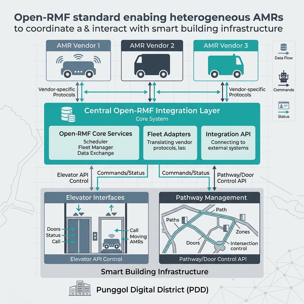 Open-RMF architecture connecting multi-vendor robotics, building systems, and IoT interfaces