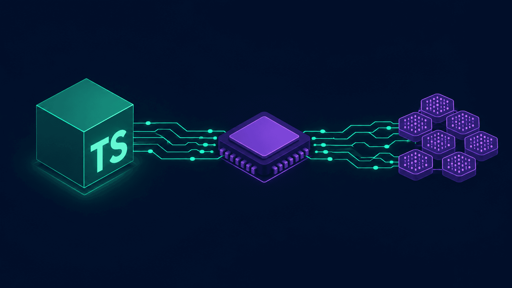 Isometric TS logo connected by glowing circuit traces to a processor chip and a cluster of binary nodes, representing the Go-native compiler pipeline