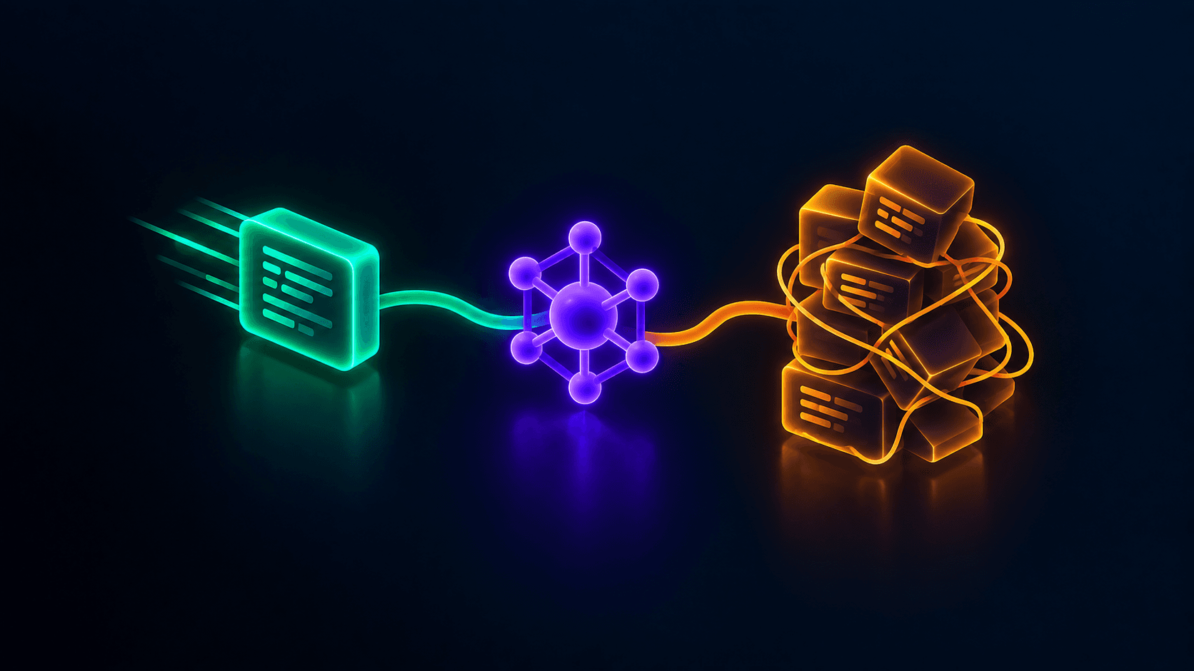Isometric illustration of clean code blocks flowing from an AI spark on one side and a tangled uneven stack forming on the other, representing vibe coding savings versus technical debt