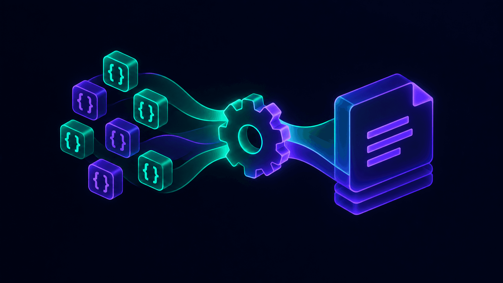 Isometric illustration of JavaScript style objects flowing through a compiler gear into a static CSS file