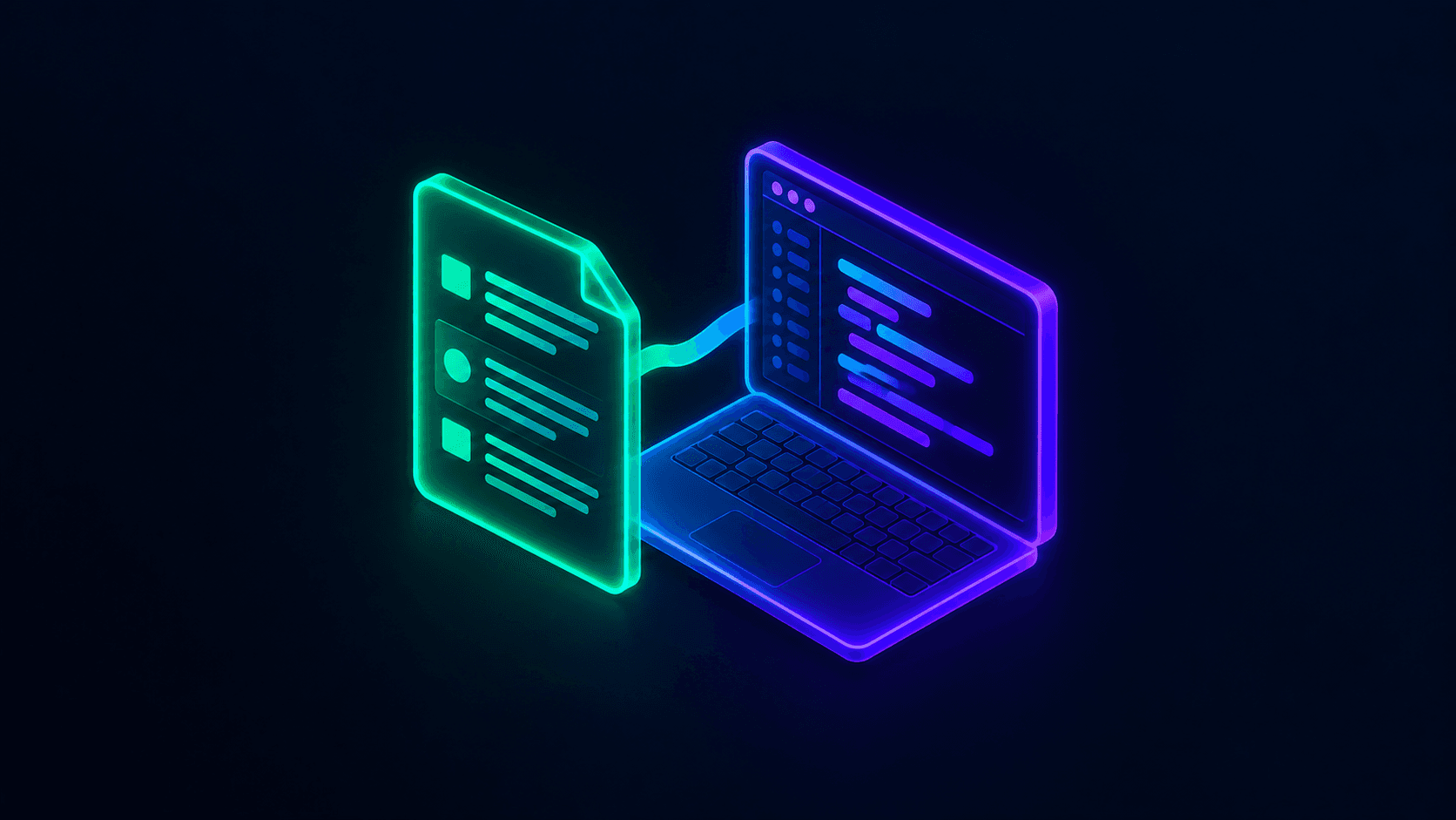 Isometric illustration of a structured document connecting into a laptop screen, representing a clear developer brief