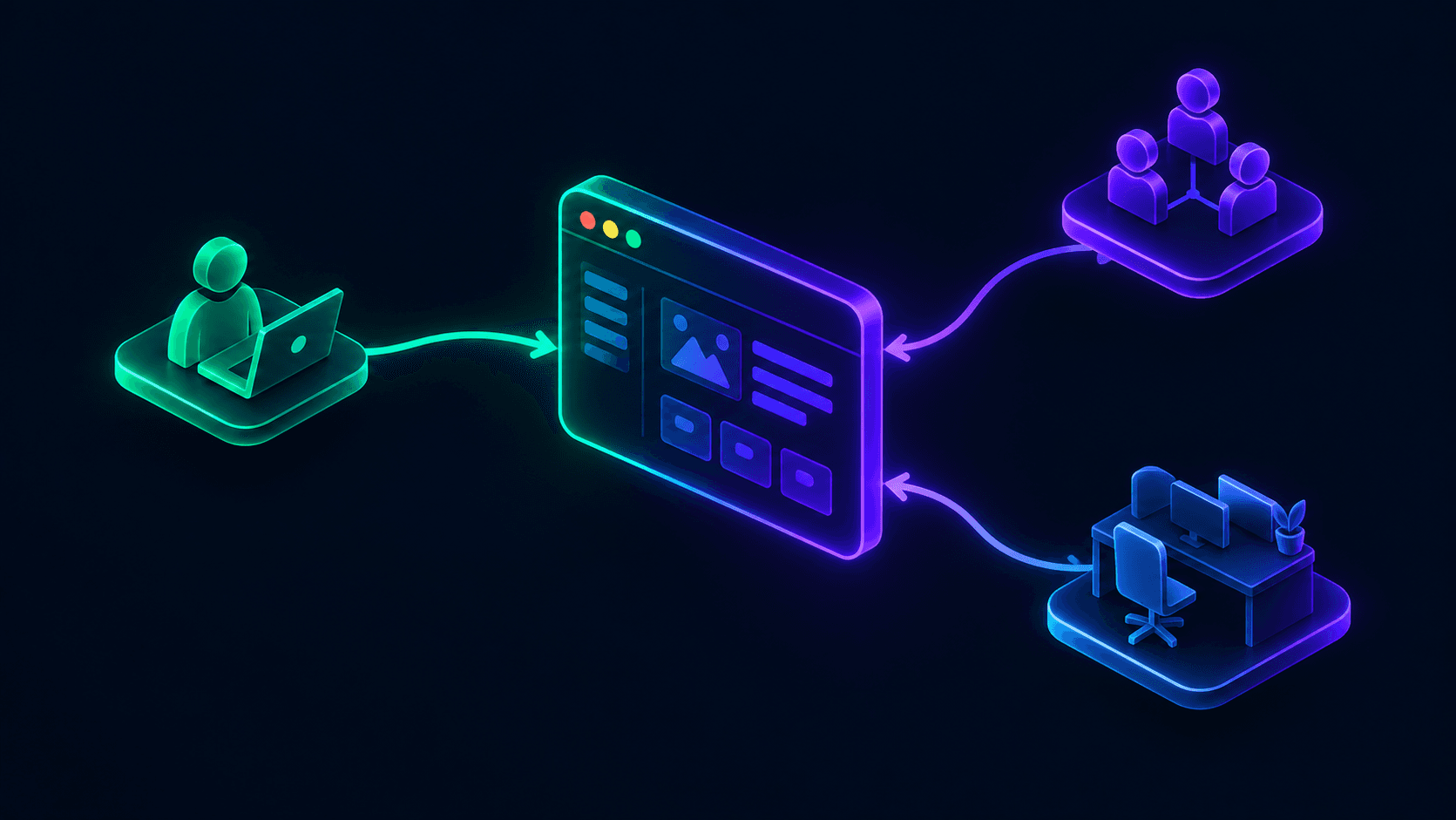 Isometric illustration comparing a freelancer, an agency team, and an in-house desk connecting into one product