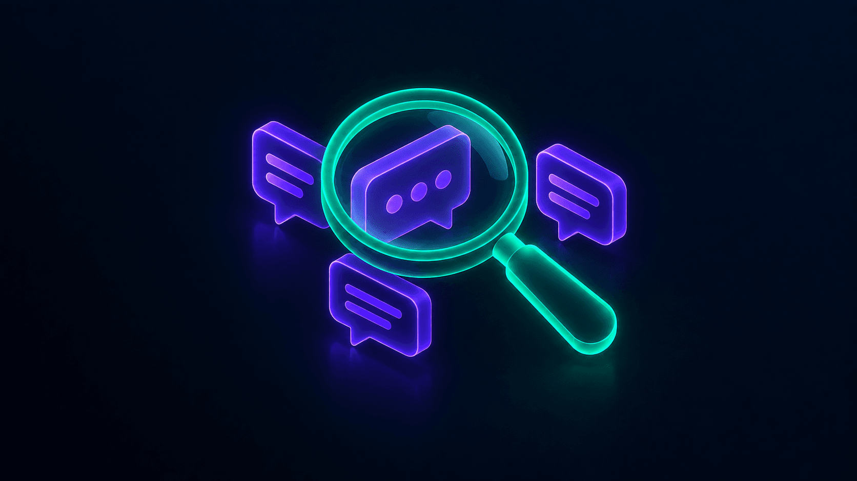 Isometric illustration of a magnifying glass overlapping a cluster of speech bubbles, representing validating a SaaS idea through customer feedback